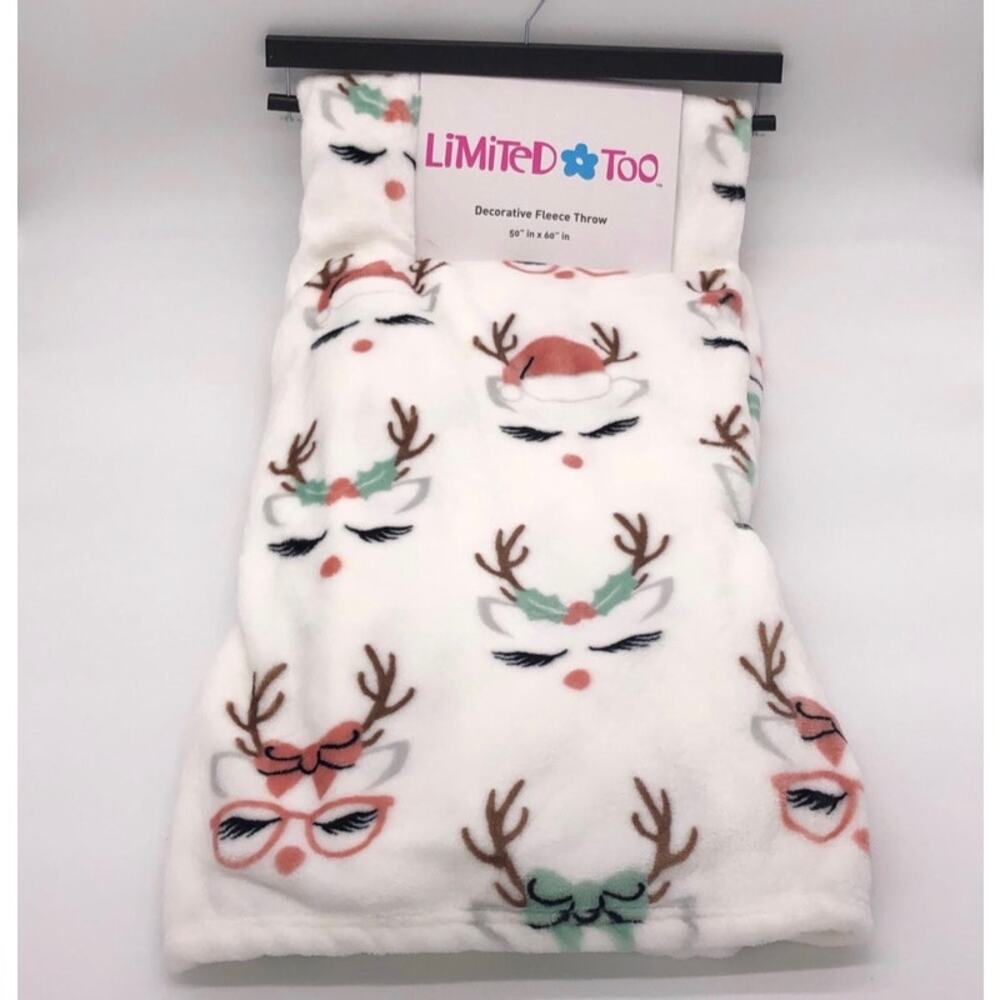 New Limited Too Reindeer Blanket Throw Pink Nose Girl Santa Hat Bow Christmas